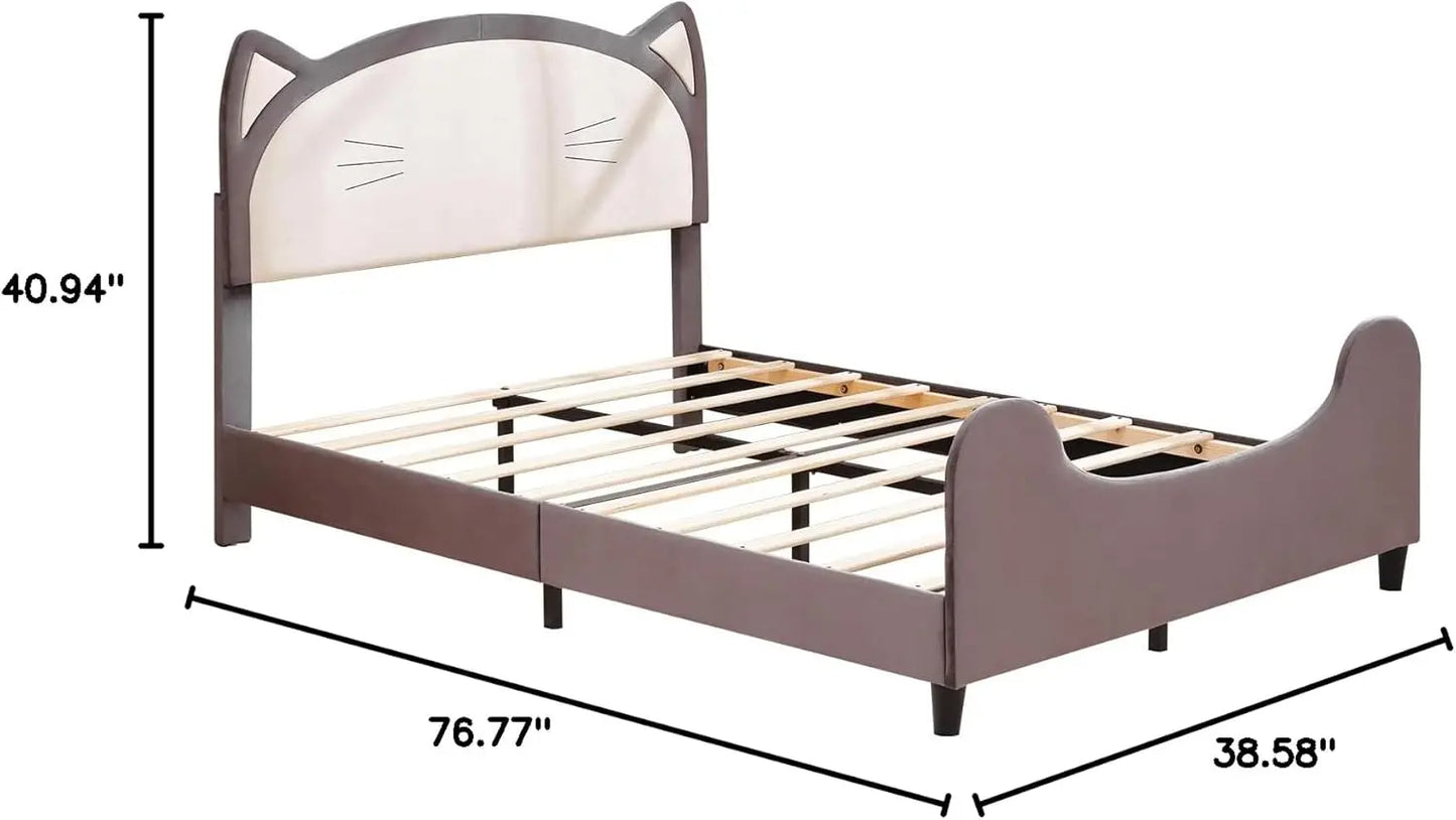 Cadre de lit double pour enfants, lit pour enfants avec tête de lit en forme de chat, tête de lit rembourrée en similicuir, cadre de lit double pour enfants