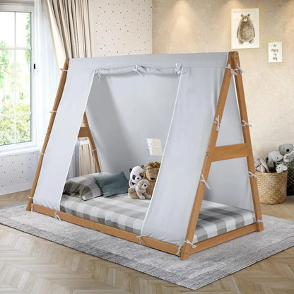 New P'kolino Tent Twin Floor Bed - Natural or White Frame, Grey, Children’s Bedroom Furniture (Natural Frame)