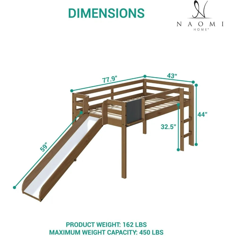 Lit mezzanine pour tout-petits avec toboggan, lit mezzanine avec toboggan et échelle, tableau noir, bois de pin