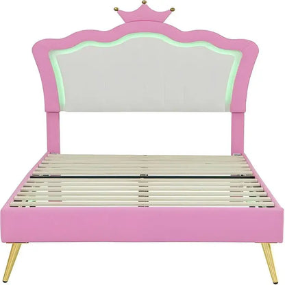 Cama de princesa de tamaño doble con cajones de almacenamiento para niñas, lindo marco de cama de tamaño doble para niños, marco de cama tapizado doble con LE