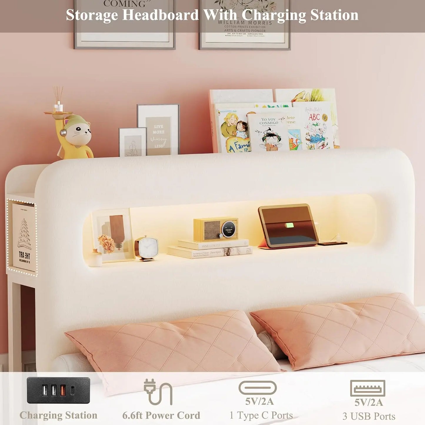 Twin LED Bed Frame with Storage Headboard and Charging Station, Kids Bed Frame with 2 Drawers and USB Ports, Velvet