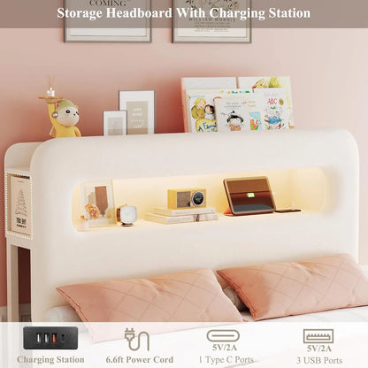 Cadre de lit double à LED avec tête de lit de rangement et station de charge, cadre de lit pour enfants avec 2 tiroirs et ports USB, velours