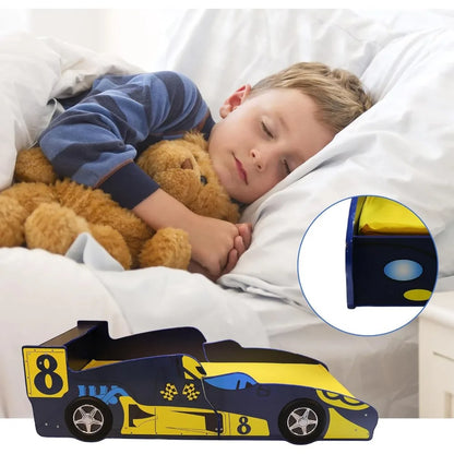 Cadre de lit double pour enfants, lit plateforme en bois en forme de voiture de course avec tête de lit, roue et lattes de soutien pour garçons, filles et tout-petits