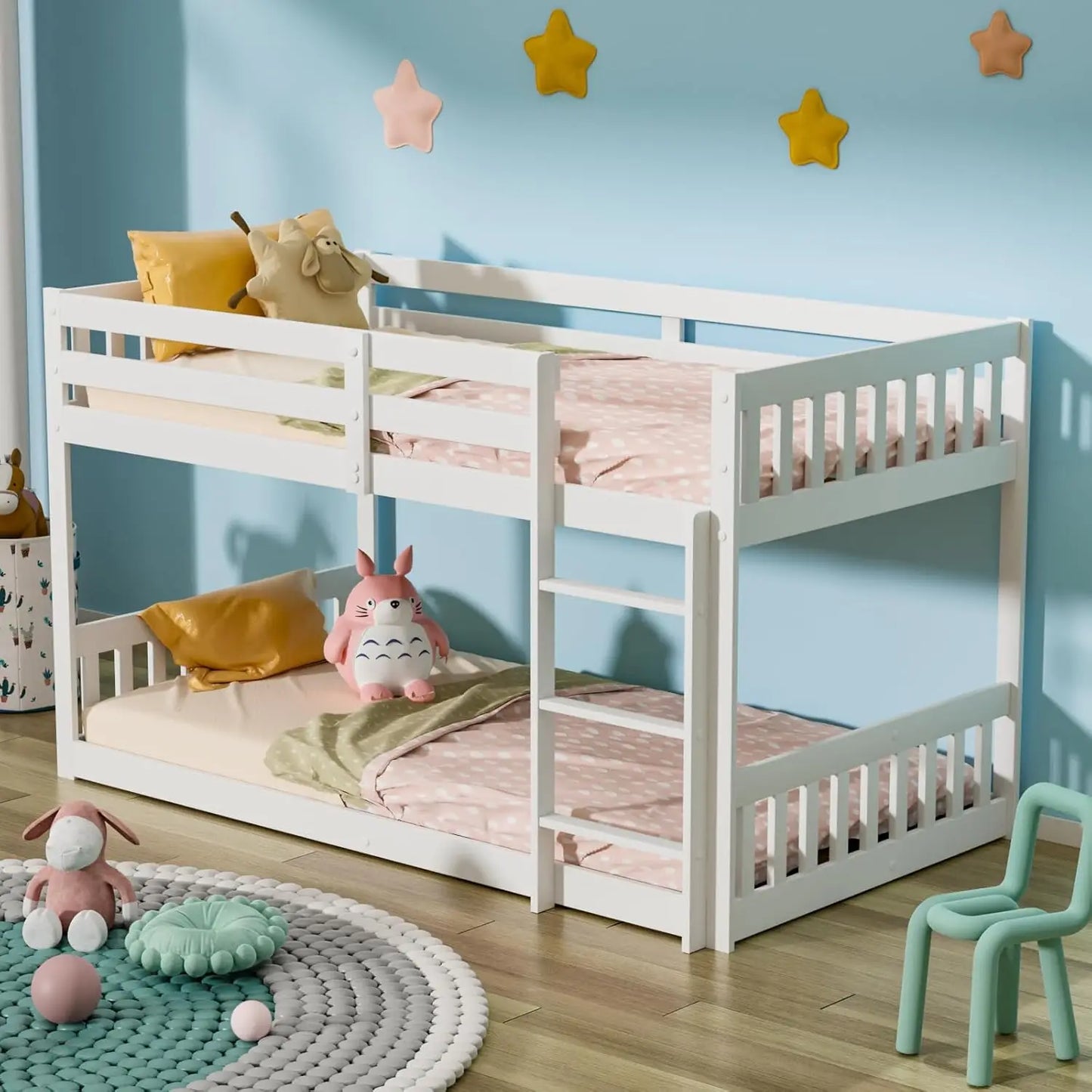 Litera baja de madera maciza para niños, bebés y jóvenes, estructura de litera con barandillas y escalera para niños y niñas, color blanco