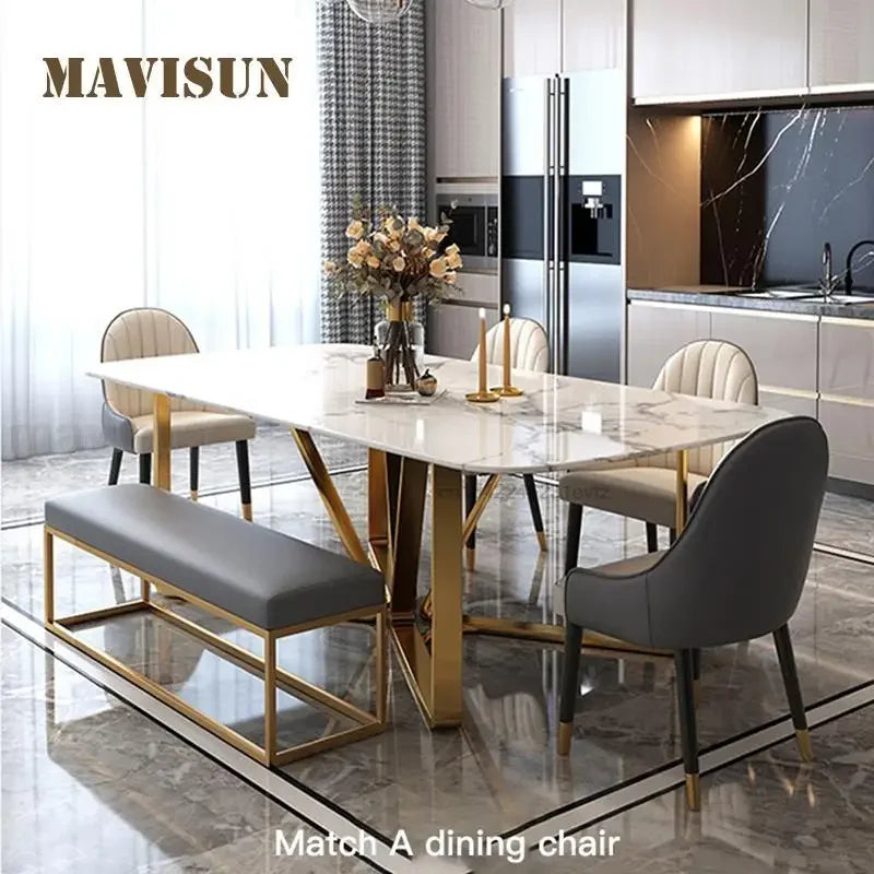 Mesa rectangular para comedor de 6 personas, estilo europeo, de mármol, moderna, para apartamento grande, de acero, muebles de lujo ligeros, base de acero