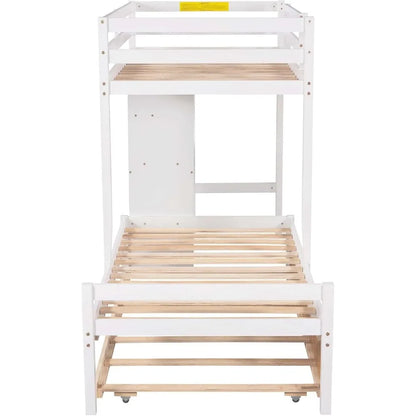 Twin Over Twin Bunk Bed, with Convertible Built-in Desk and Down Bed, No Box Spring Required, Loft Bed with Trundle and Ladder