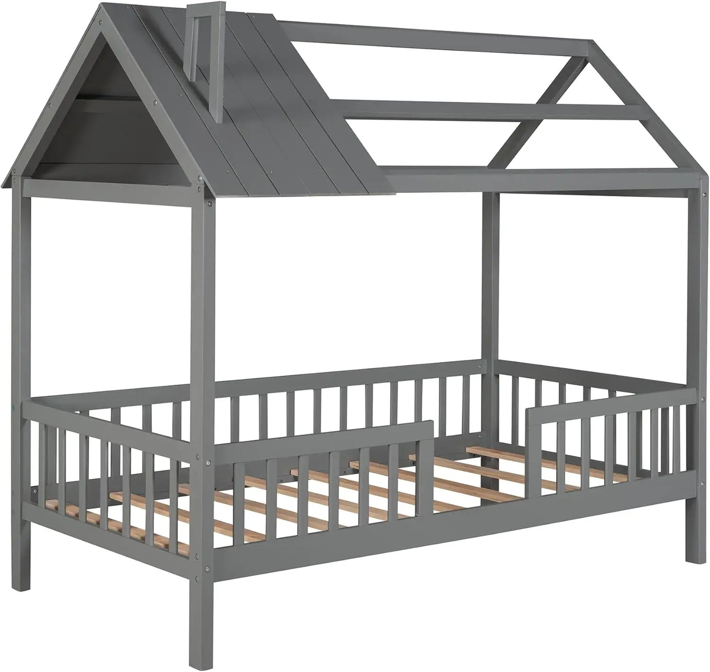 Merax Twin HouseFor Kids,Wood Twin Frame House-Shaped Bed Platform Frame With Roof Windows And Full-Length Safety