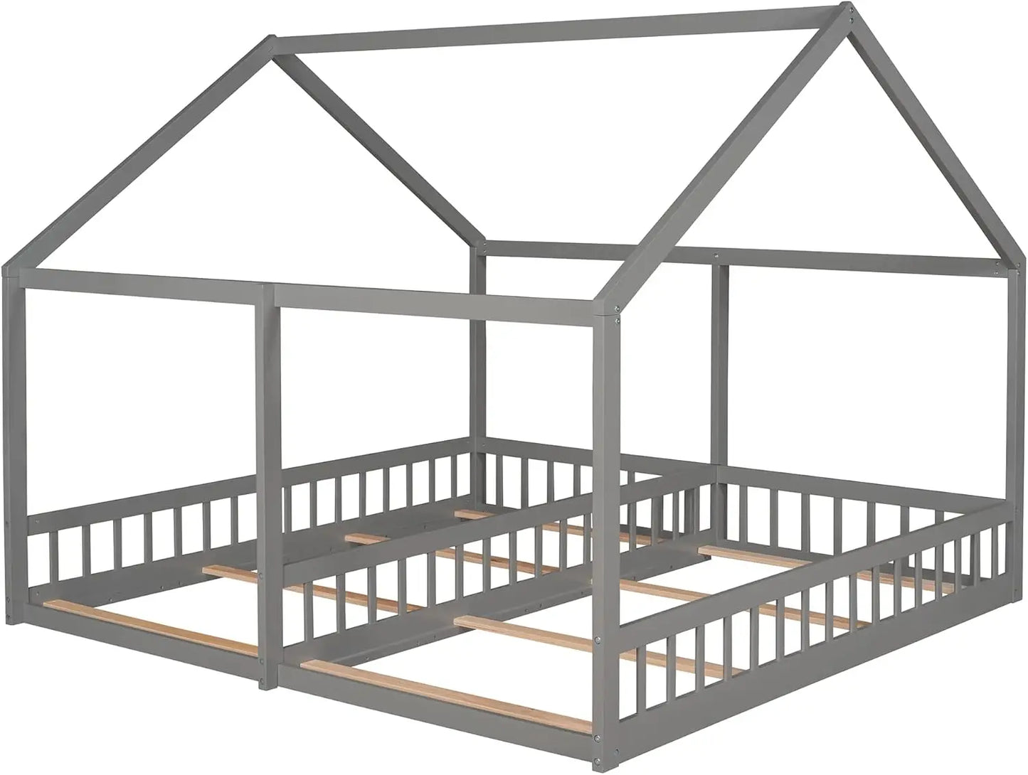 Camas de plataforma baja con forma de casa para niños Merax Double Twin, estructura de cama con piso de madera para niños y niñas, no necesita somier, fácil de ensamblar