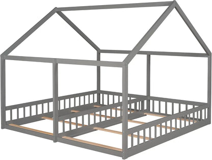 Lits à plateforme bas en forme de maison pour enfants Merax Double Twin, cadre de lit en bois pour garçons et filles, pas besoin de sommier, assemblage facile