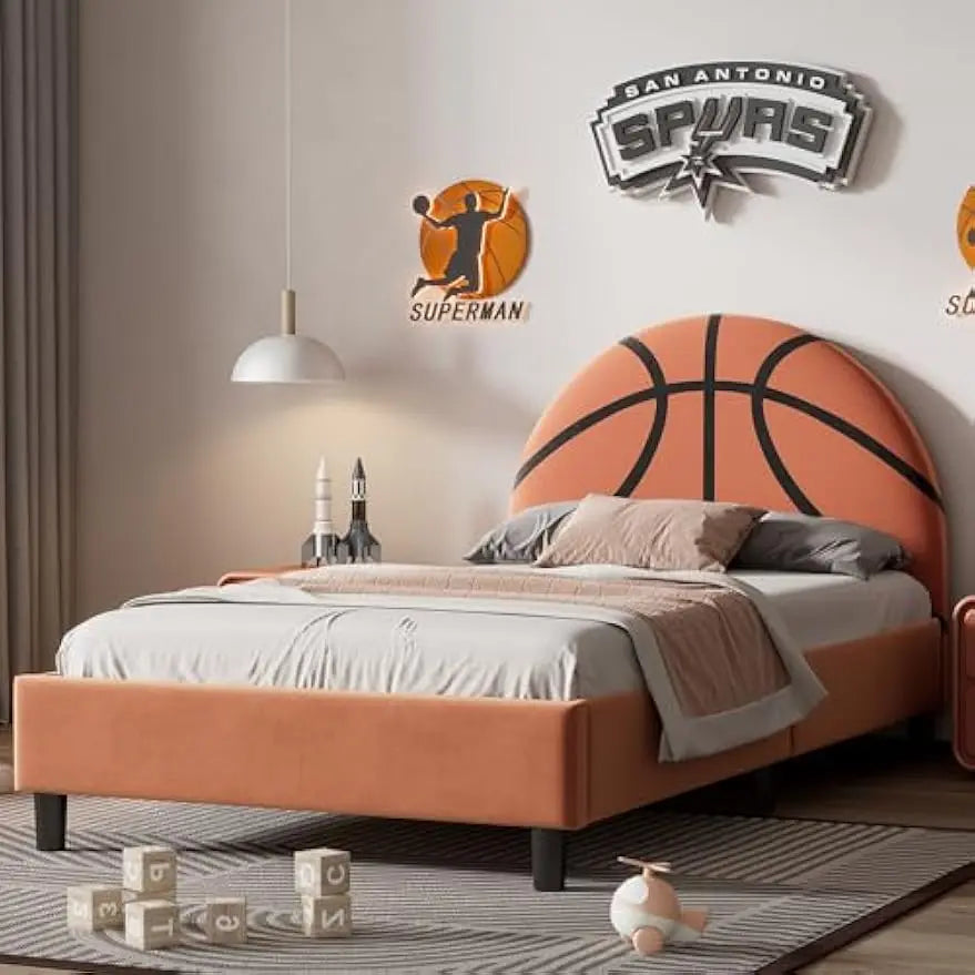 Cama infantil de tamaño doble con forma de baloncesto, tapizada en terciopelo, estilo deportivo, cama pequeña, soporte de listones de madera, no necesita somier