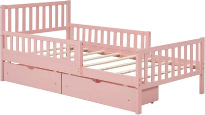 Cama individual con barandillas, cama de plataforma baja con cabecero y pie de cama, estructura de cama infantil rosa con 2 cajones para niño y niña