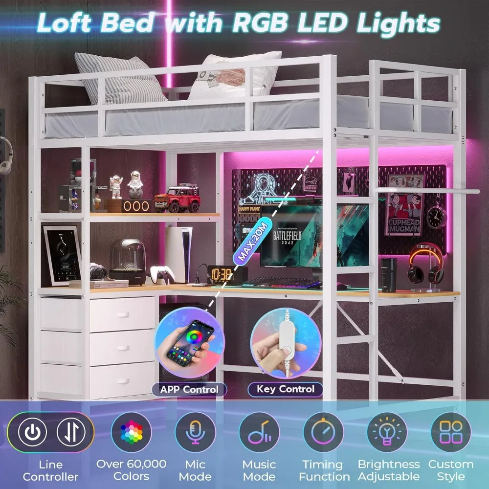 Cama alta doble con escritorio en forma de L, luces LED, estación de carga, estructura de cama alta con luces LED, 3 estantes de almacenamiento y 3 cajones de tela