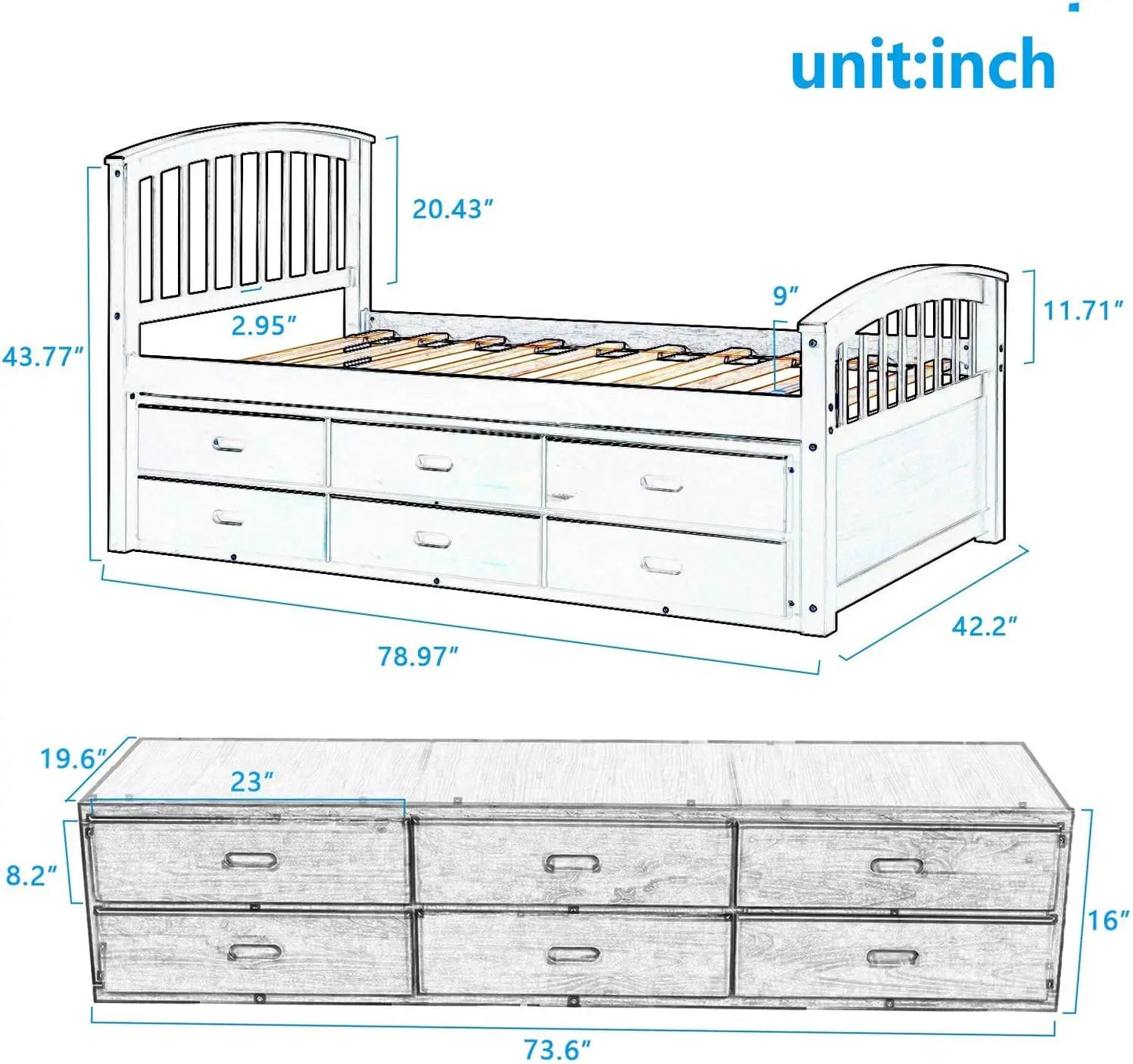 Lit capitaine double en bois avec tiroirs de rangement, lit plateforme avec tête de lit et pied de lit pour chambre à coucher, lit de rangement pour enfants et adolescents G