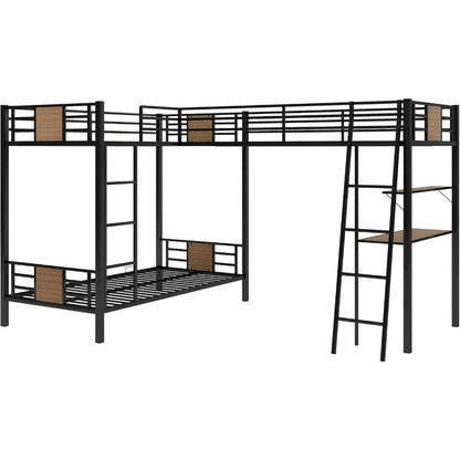 Loft Beds, L-Shaped Metal Corner Bunk Bed with Two Ladders, Twin Over Twin Bunk Bed with Twin Loft Bed W/Desk and Shelf, Beds