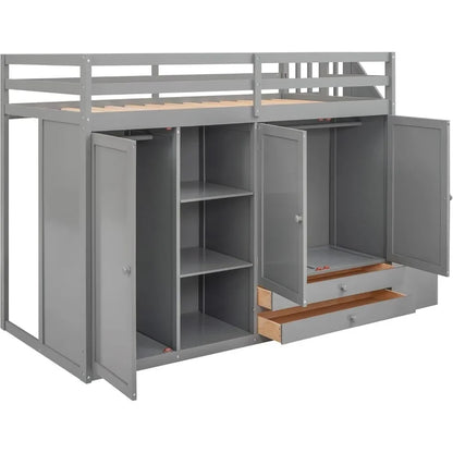 Lit mezzanine simple en bois avec escaliers, 2 tiroirs et 3 étagères, cadre de lit mezzanine haut avec armoire, pas besoin de sommier Lits pour enfants