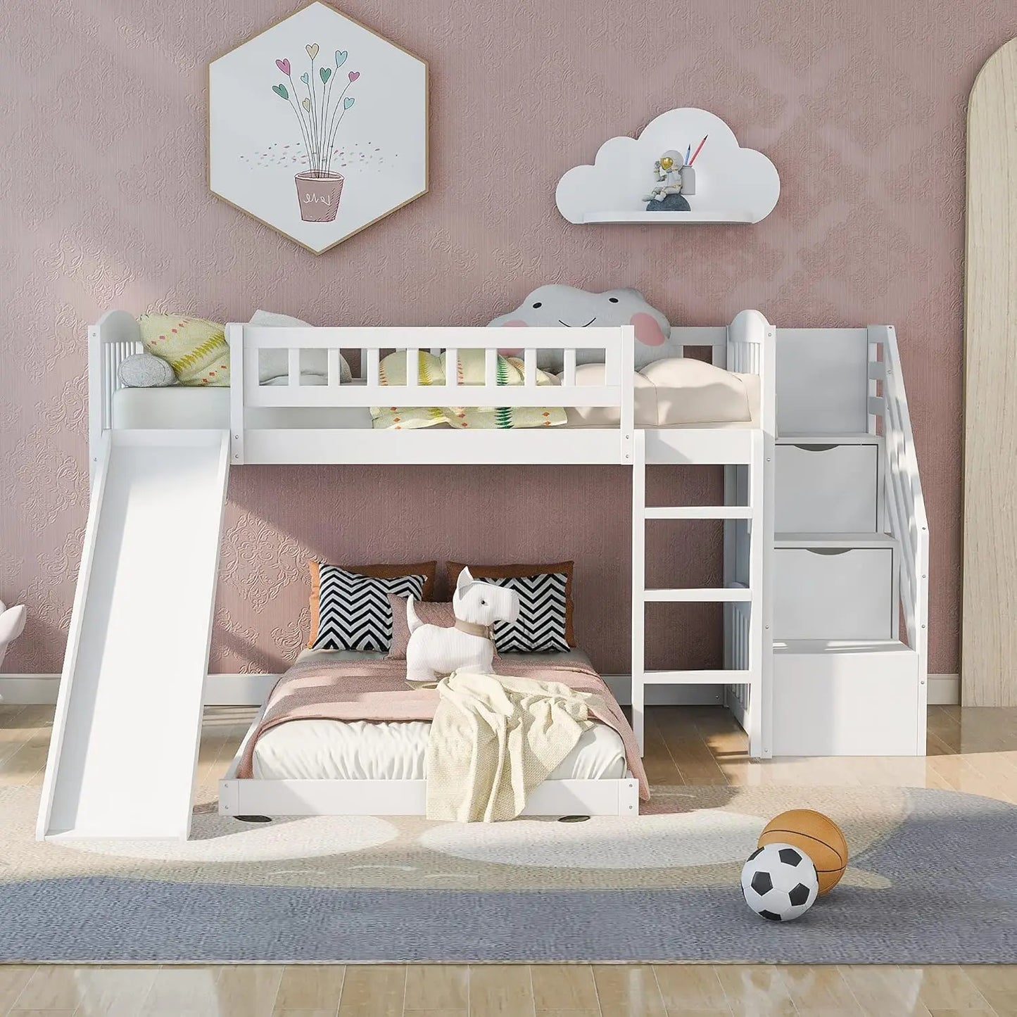 Lit mezzanine double avec toboggan, étagères de rangement et éclairage, rampe d'escalade, cadre de lit mezzanine bas, pour chambre d'enfants garçons filles