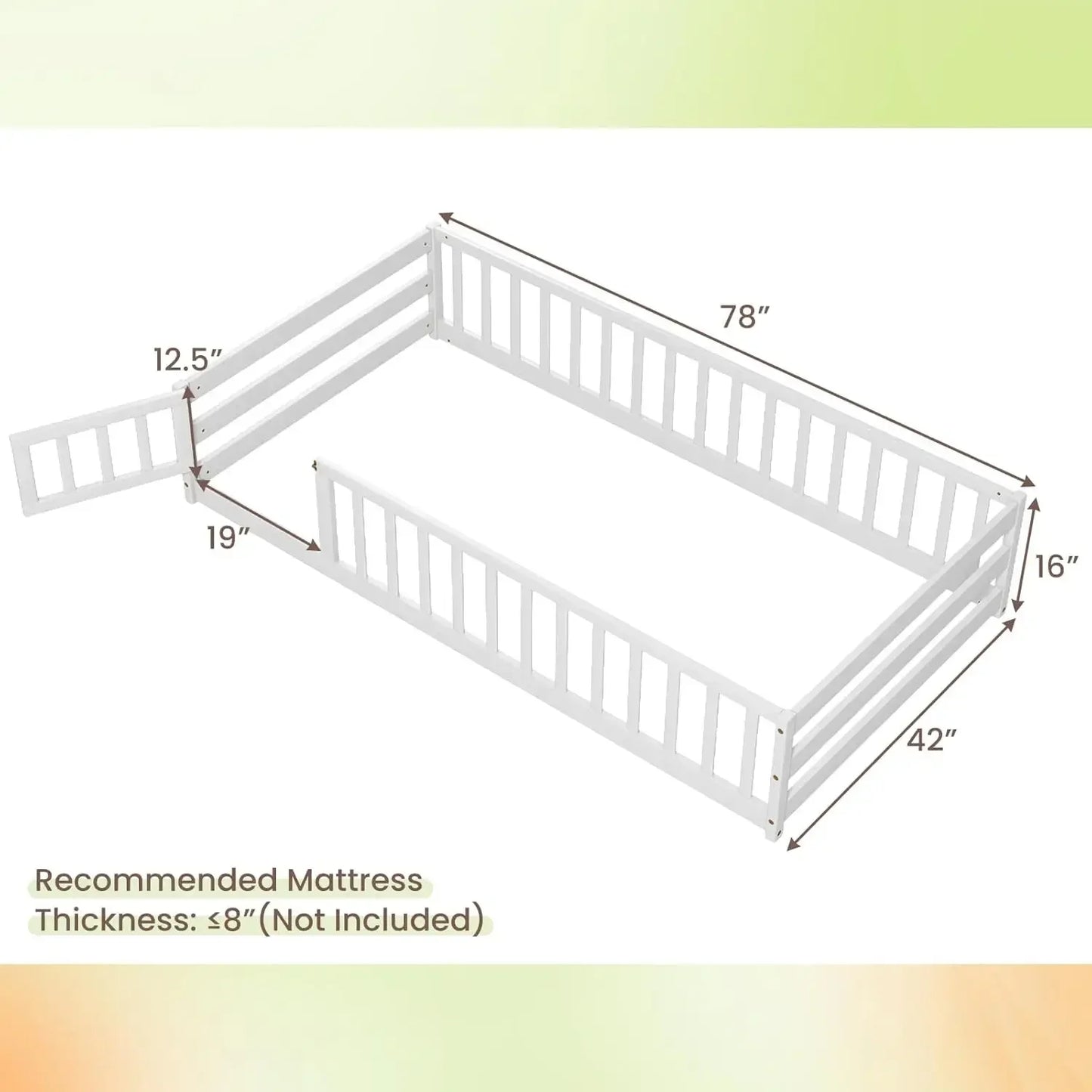 Twin Floor Bed with Door & Fence, Kids Wood Montessori Bed with Safety Guardrails, Floor Bed Frame for Kids, Boys, Girls, No Box