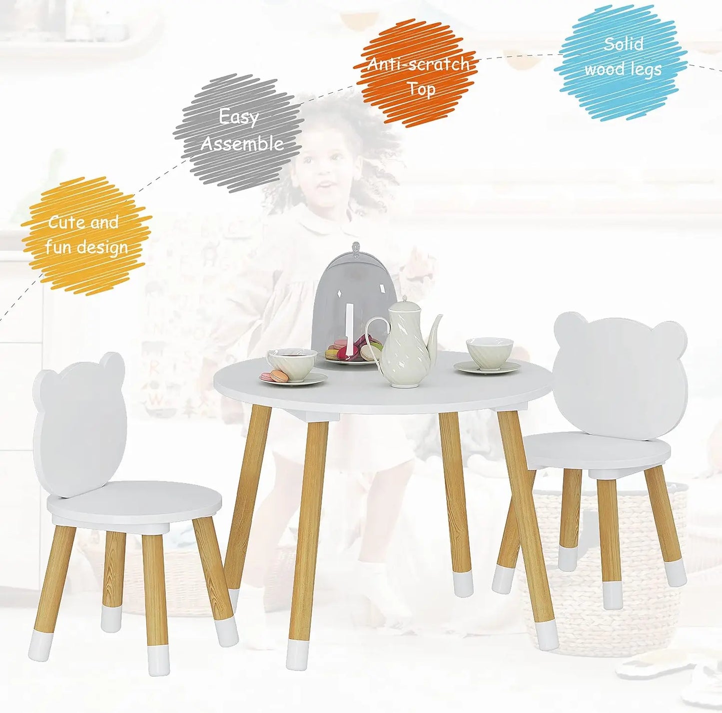 Kids Wood Table and Chair Set, Kids Play Table with 2 Chairs,3 Pieces Kids Round Table for Toddlers, Girls, Boys,White