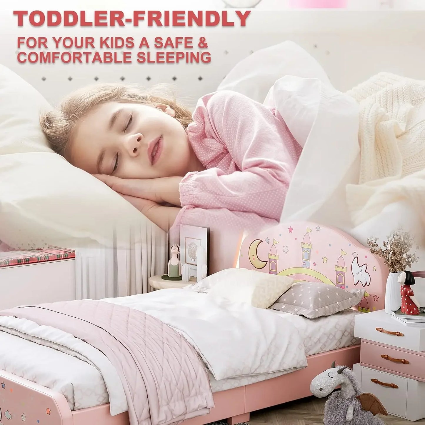 Lit double pour enfants, cadre de lit double rembourré pour enfants avec tête de lit incurvée, lit pour tout-petits rose princesse