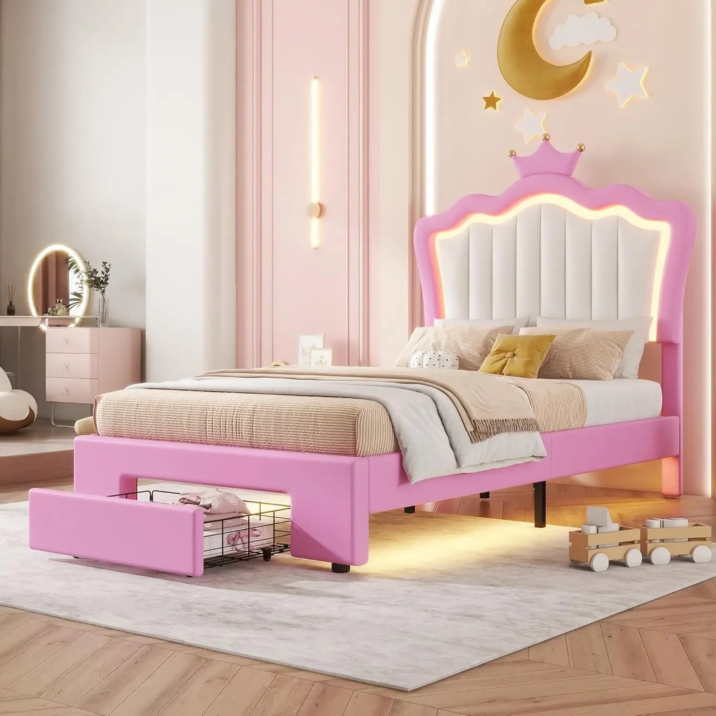 Twin Size Princess Bed with Storage Drawers for Girls,Cute Twin Size Bed Frame for Kids,Twin Upholstered Bed Frame with LE