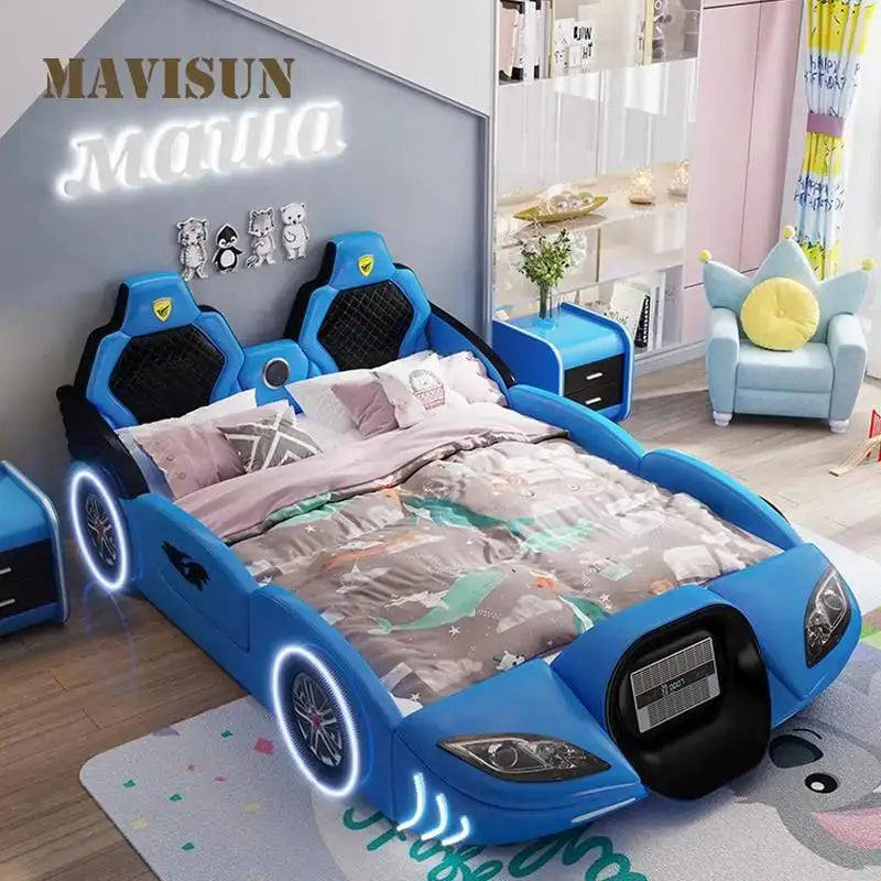 Multi-Color Lovely Kid's Bed With Guardrail Solid Wooden Bedroom Furniture Car Shaped Cute Children’s Bed For Boys And Girls