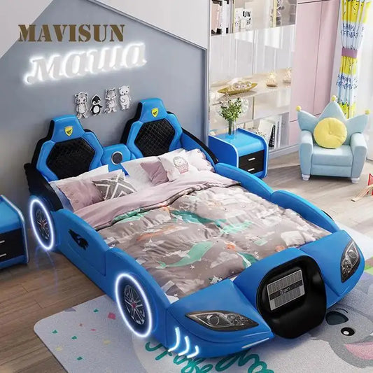 Preciosa cama infantil multicolor con barandilla, muebles de dormitorio de madera maciza, bonita cama infantil con forma de coche para niños y niñas