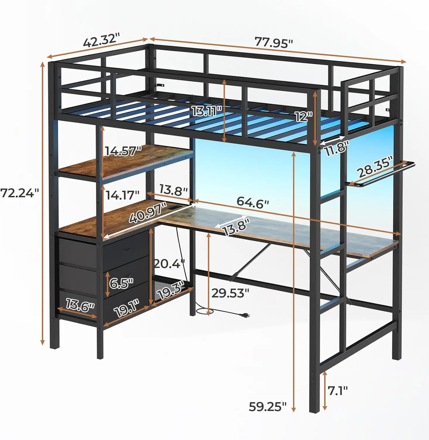 Cama alta de metal doble con escritorio en forma de L, luces LED, estación de carga Marco de cama alta LED Tamaño doble con 3 estantes de almacenamiento y 3 Fa