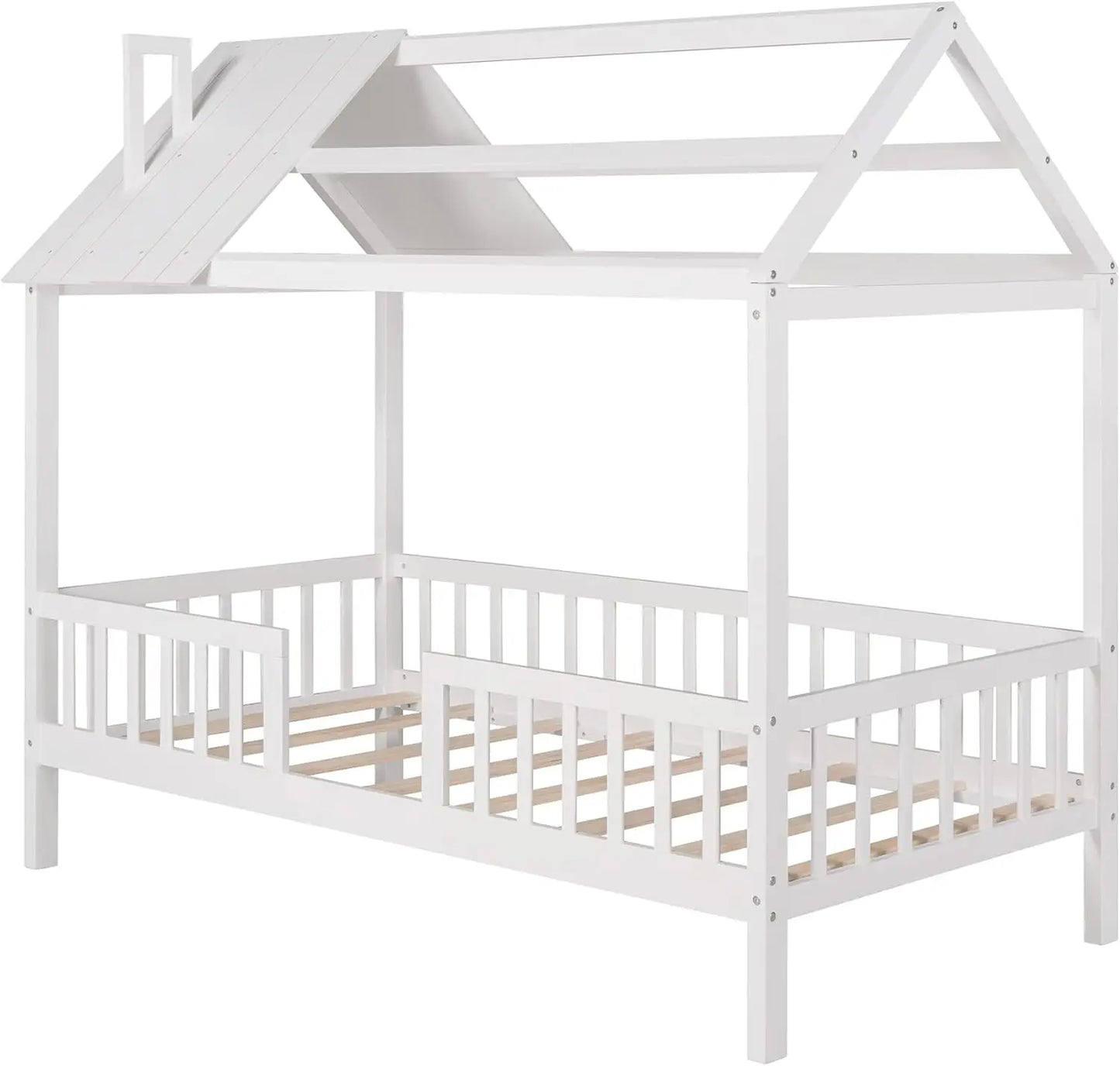 Lit double pour enfants, cadre de lit double en bois, cadre de lit plate-forme en forme de maison avec fenêtres de toit et rails de sécurité sur toute la longueur