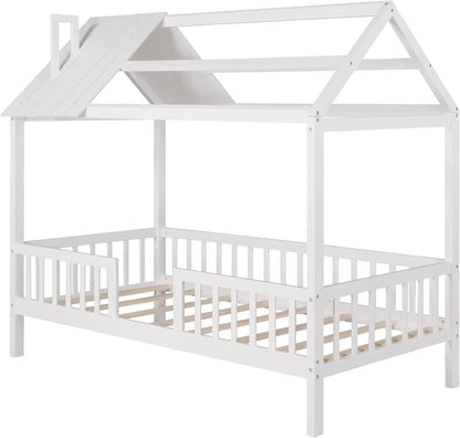 Twin House Bed for Kids,Wood Twin Bed Frame House-Shaped Bed Platform Bed Frame with Roof Windows and Full-Length Safety Rails W