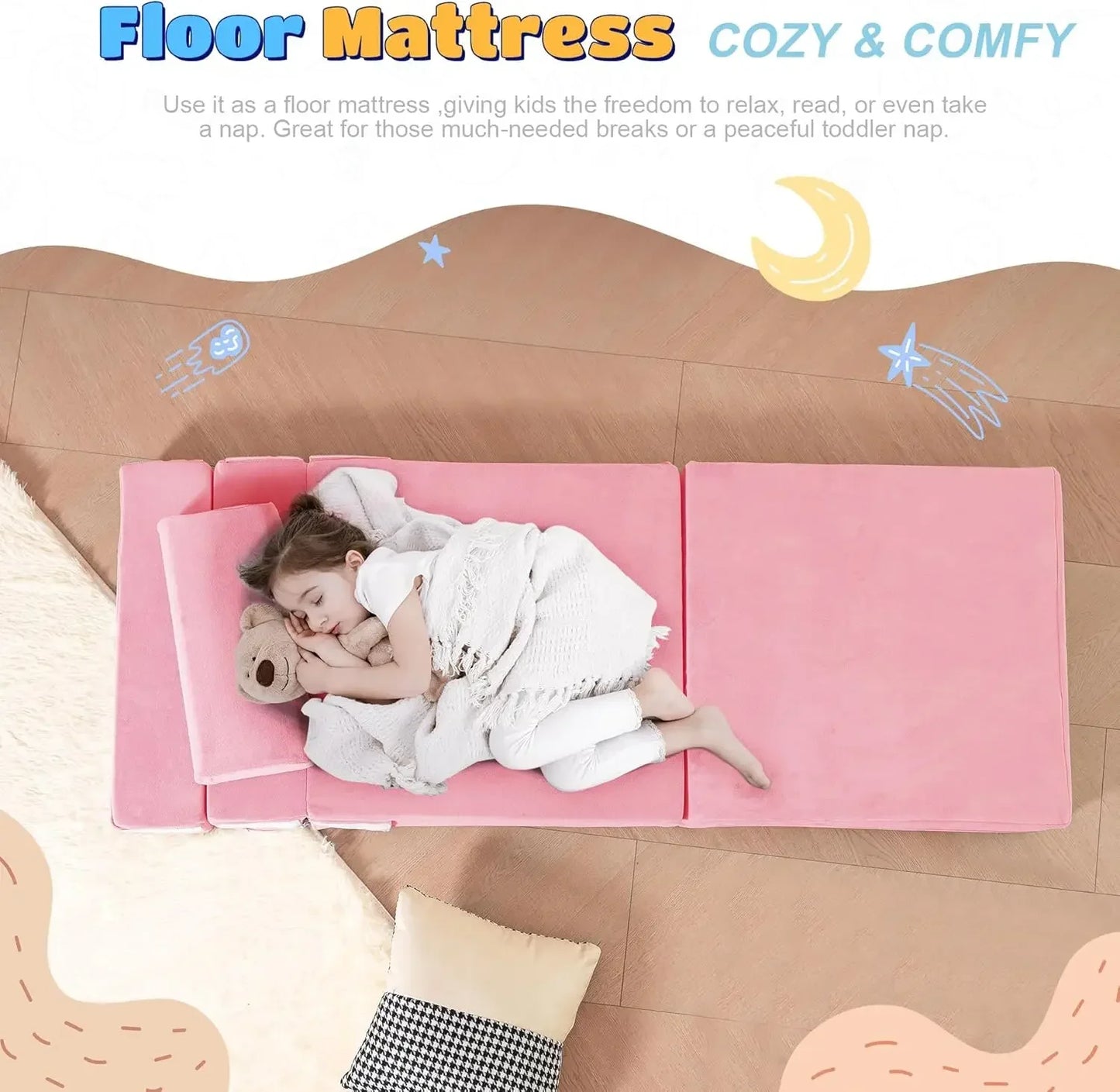 Canapé-lit pour enfants, matelas de sol pliable en trois parties pour tout-petits, canapé-lit pliable, matelas futon pliable pour enfants, canapé pliant pour enfants, Pin