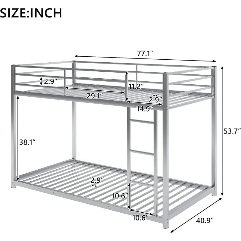 Twin Over Twin Metal Bunk Bed,Heavy Duty Bunk Bed Frame with Safety Guardrails and Ladders for Kids/Teen/Adults,Silver