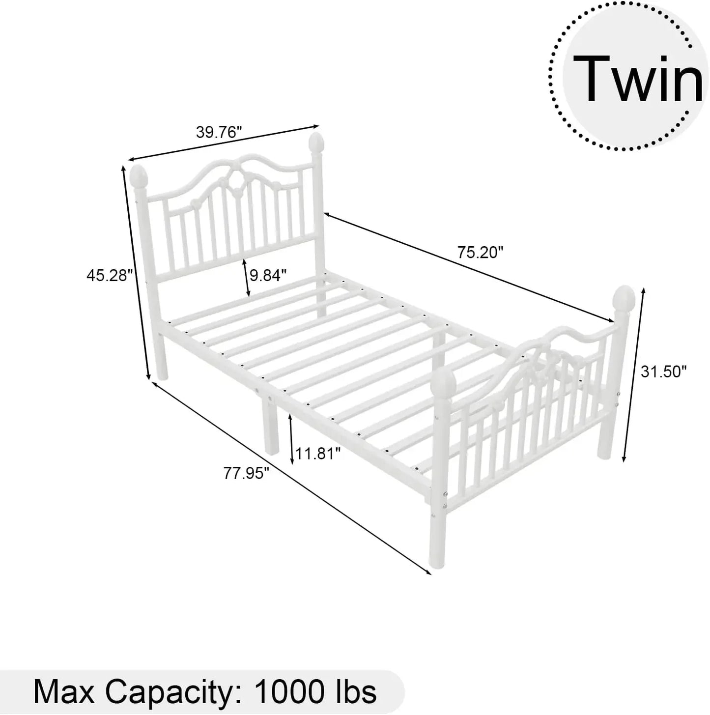 Cadre de lit double avec tête de lit et cadre de lit à plateforme en métal moderne pour enfants, supporte jusqu'à 150 kg, sans sommier