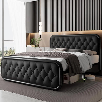 Marco de cama tamaño queen, marco de cama resistente con cabecera de cuero sintético, plataforma de cama tapizada con listones de metal resistentes, 12" Un