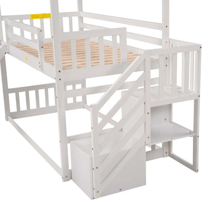 Twin Over Twin Bunk Bed With Slide And Stairs Low House Bunk Bed For Kids Teens, No Box Spring Needed