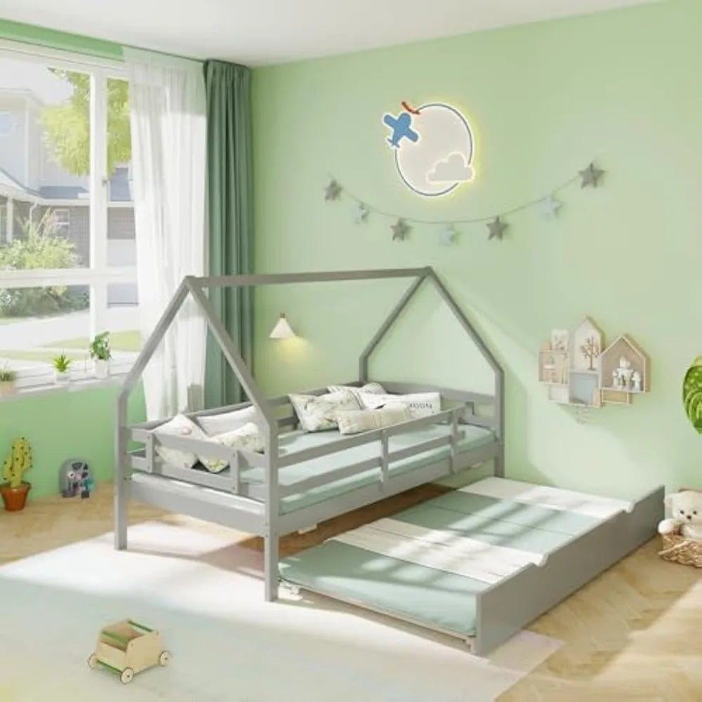 Twin House Bed with Trundle, Wood Kids Bed Frame with Roof & Fence Rails, Montessori Bed for Kids, Teens, Girls & Boys