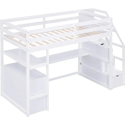 Cama tipo loft con escalera de tamaño doble, escritorio en forma de L, estantes, cajones de dos niveles y escalera de almacenamiento, camas para niños