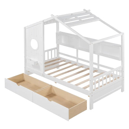 Lit double en bois avec 2 tiroirs, lit pour enfants avec étagère de rangement Un meilleur environnement de sommeil Gain de place