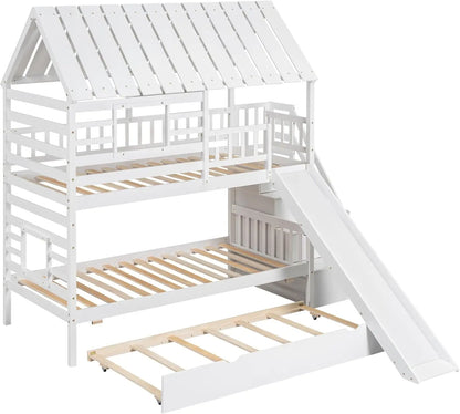 Lit superposé Twin Over Twin House avec lit gigogne/toboggan/escalier de rangement Cadre de lit en bois avec escalier pour chambre d'enfants/adolescents