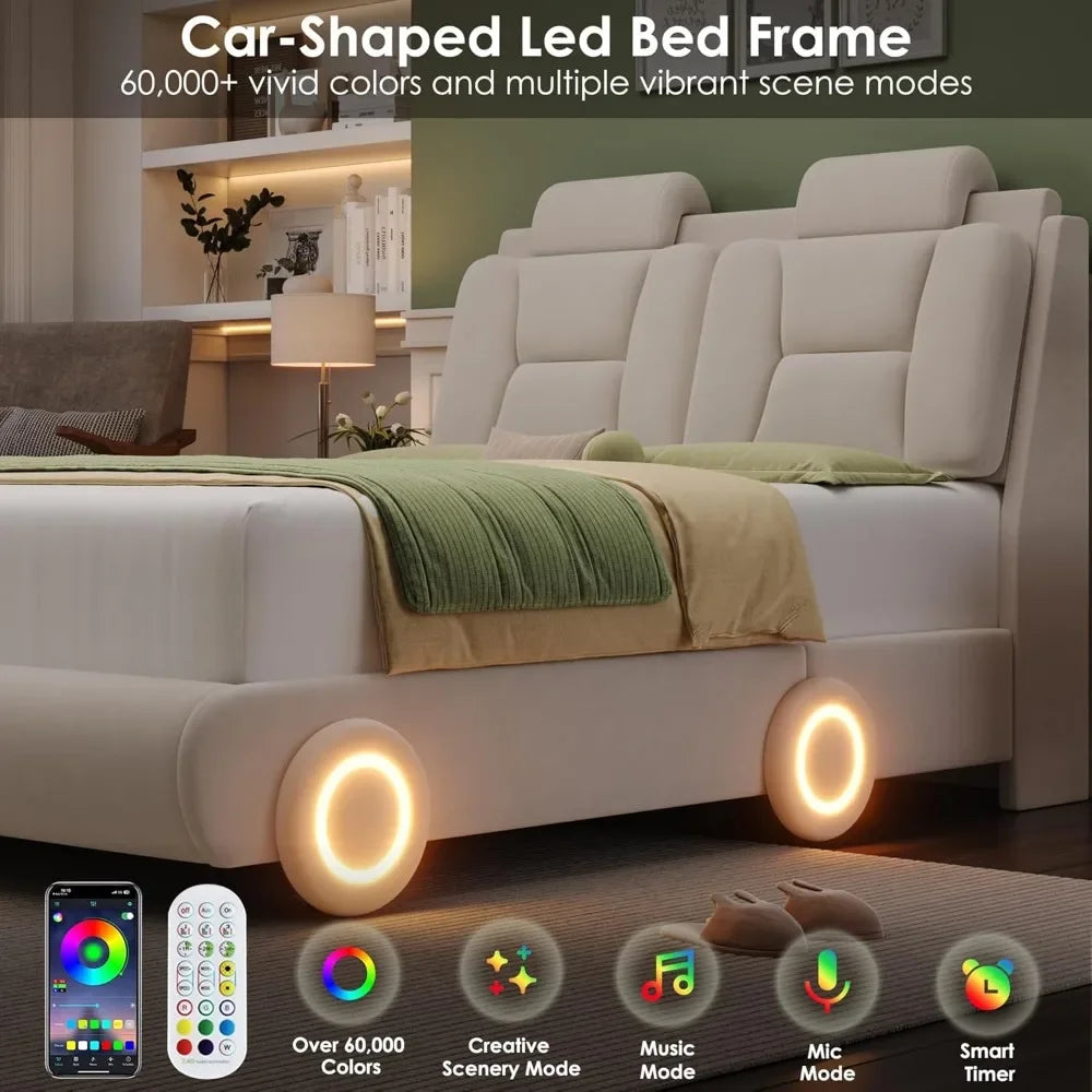 Marco de cama tapizado con luces LED tamaño queen con decoración de ruedas y cabecero curvo ajustable, plataforma moderna con forma de automóvil, muebles para niños