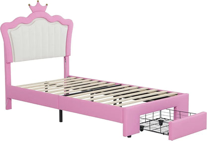 Twin Size Princess Bed with Storage Drawers for Girls,Cute Twin Size Bed Frame for Kids,Twin Upholstered Bed Frame with LE