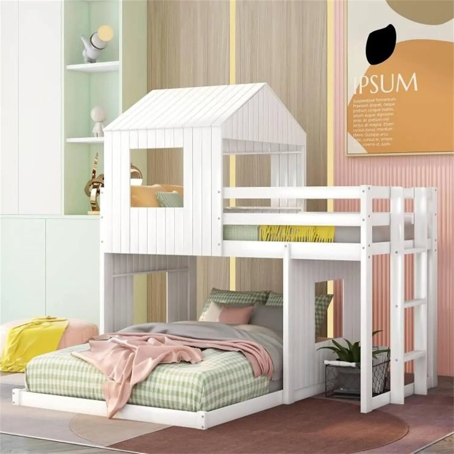 &amp; Bright Designs House Lits superposés, Lit simple sur lit double superposé, Maison de jeu en bois, Lit superposé bas, Cadre de lit pour enfants, tout-petits, filles/garçons, Whi