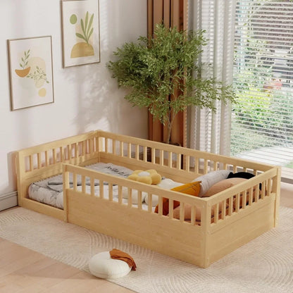 Cama Montessori de tamaño doble con valla, estructura de cama de piso para niños pequeños con barandales altos para dormitorio de niños, niños pequeños, niñas