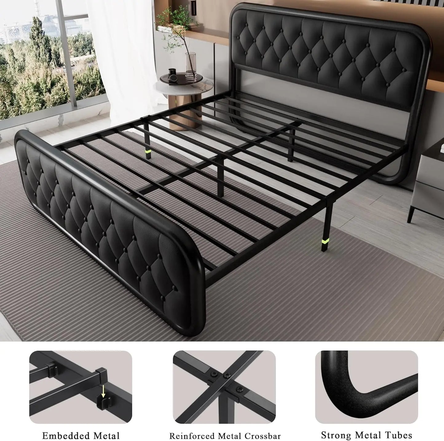 Marco de cama tamaño queen, marco de cama resistente con cabecera de cuero sintético, plataforma de cama tapizada con listones de metal resistentes, 12" Un