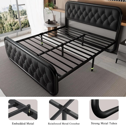 Queen Size Bed Frame, Heavy Duty Bed Frame with Faux Leather Headboard, Upholstered Platform Bed with Strong Metal Slats, 12" Un