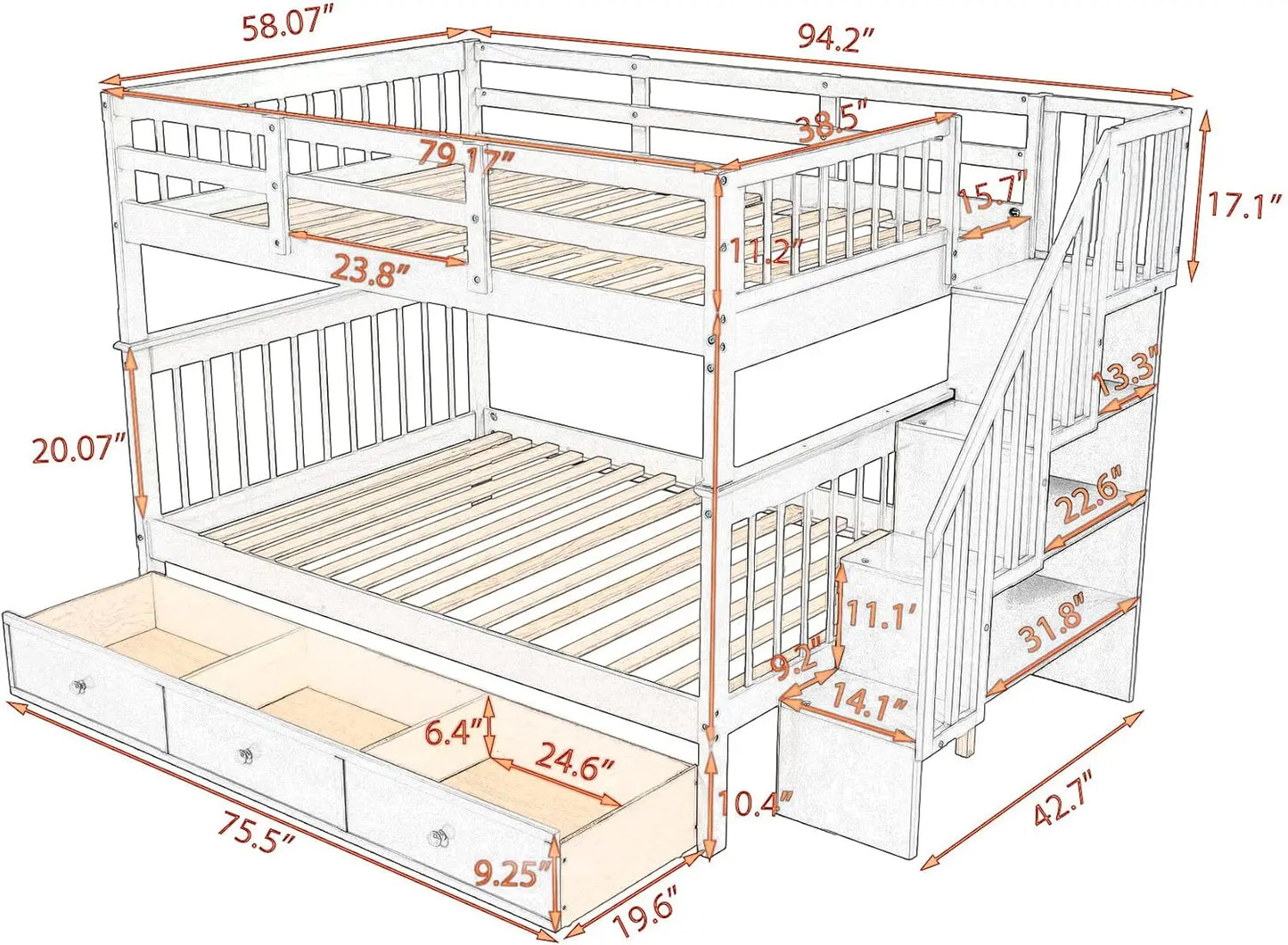 Stairway Full Over Full Bunk Bed with Stairs and Storage Drawers Solid Wood Convertible Bunkbed Separated Into 2 Bedframe