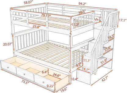 Stairway Full Over Full Bunk Bed with Stairs and Storage Drawers Solid Wood Convertible Bunkbed Separated Into 2 Bedframe