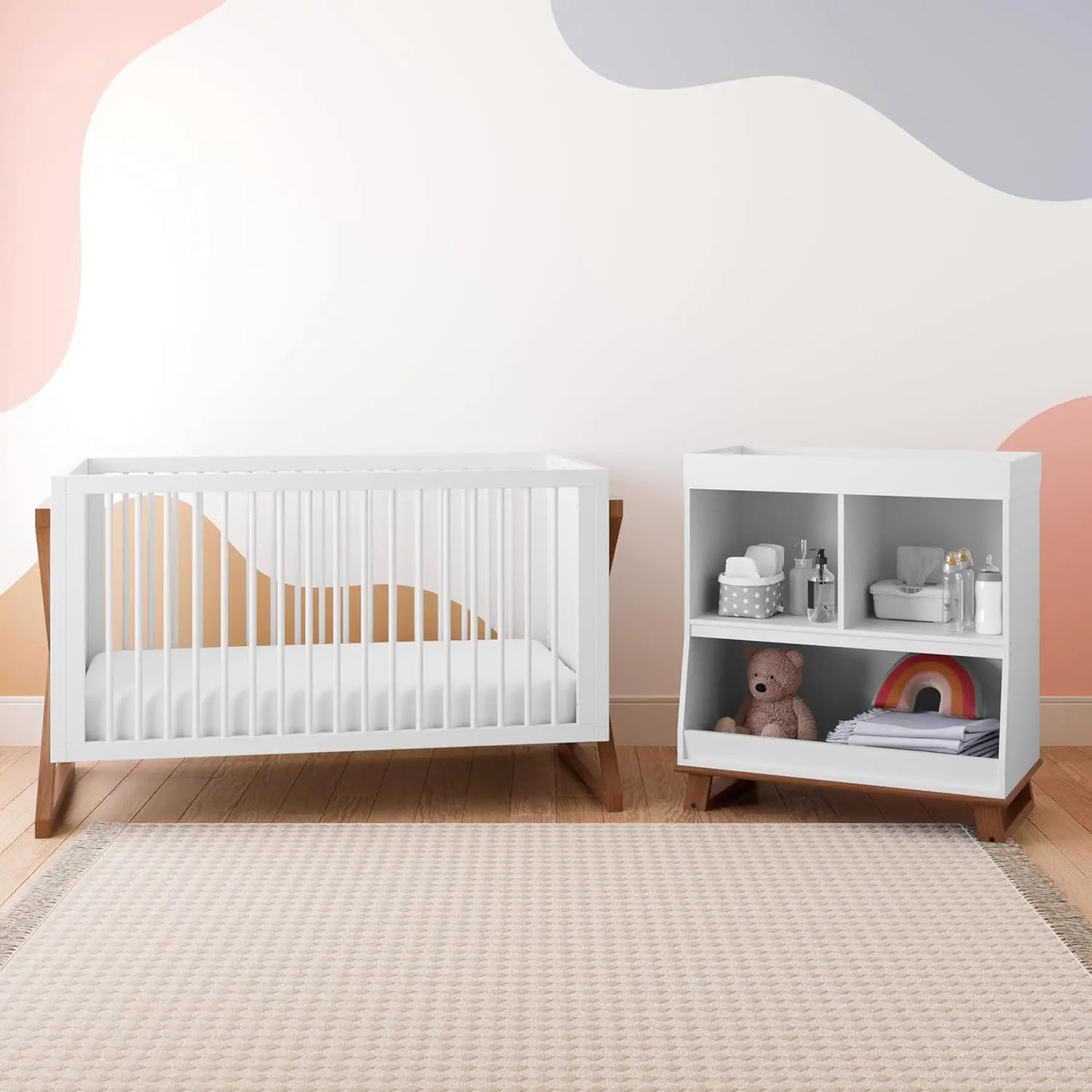 Cuna convertible 3 en 1 Storkcraft Equinox (madera flotante vintage) Se convierte fácilmente en cama para niños pequeños y sofá cama, ajuste manual en 3 posiciones