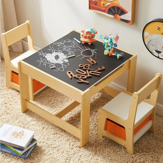 Kids Table and Chair Set, 3 in 1 Wooden Activity Table with Storage Drawer for Toddlers Drawing, Reading, Crafts, Play, 2 in 1