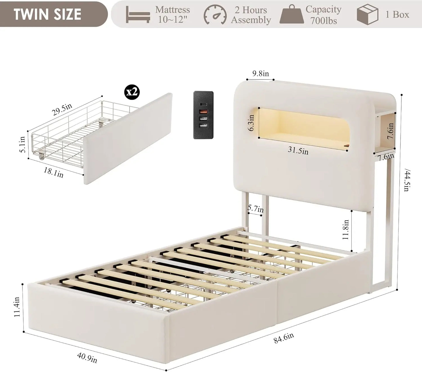 Marco de cama doble con LED, cabecero con espacio de almacenamiento y estación de carga, marco de cama para niños con 2 cajones y puertos USB, terciopelo