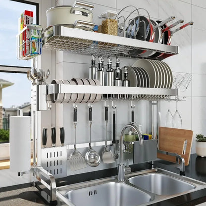 Over The Sink Dish Drying Rack, 3-Tier Drying Drainer Rack Over Sink Stainless Steel Adjustable (29.1''~37.4'')